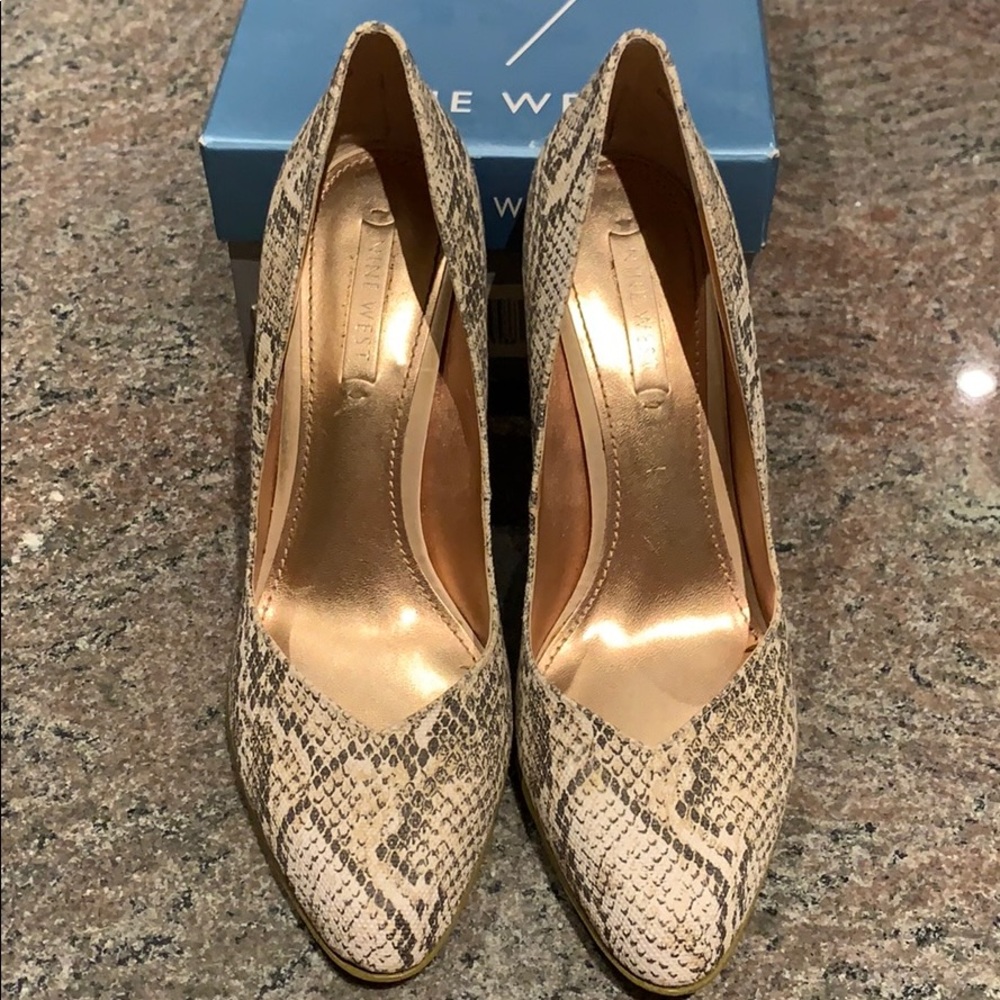 Snake Skin Printed Fabric Heels w/ Pale Rose Gold